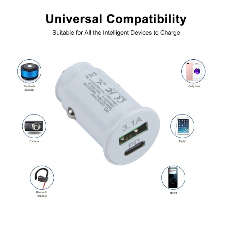 TE-339PD 3.1A PD USB-C / Type-C + USB Interface Mini Fast Charging Car Charger(White) - Car Charger by buy2fix | Online Shopping UK | buy2fix