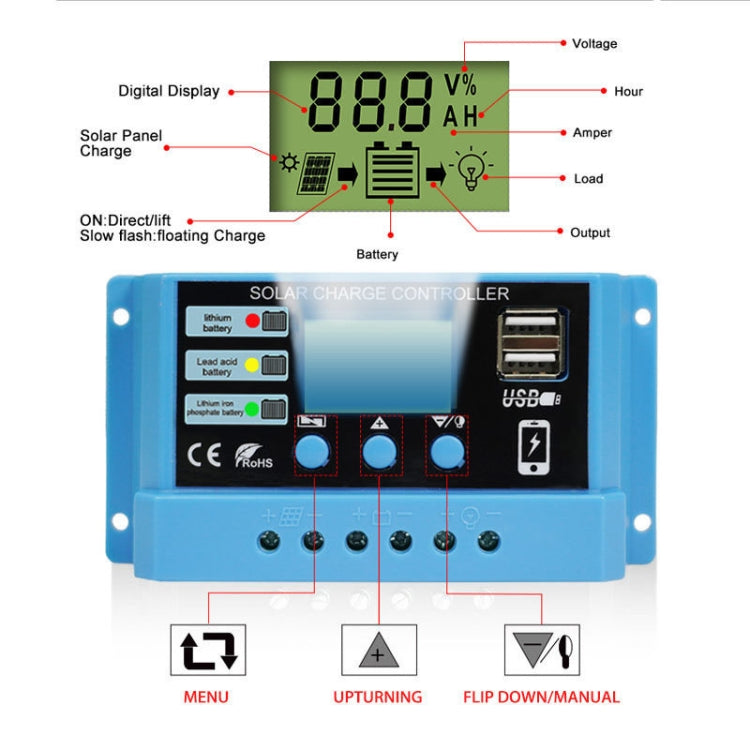 30A Solar Charge Controller 12V / 24V Lithium Lead-Acid Battery Charge Discharge PV Controller, with Indicator Light - In Car by buy2fix | Online Shopping UK | buy2fix