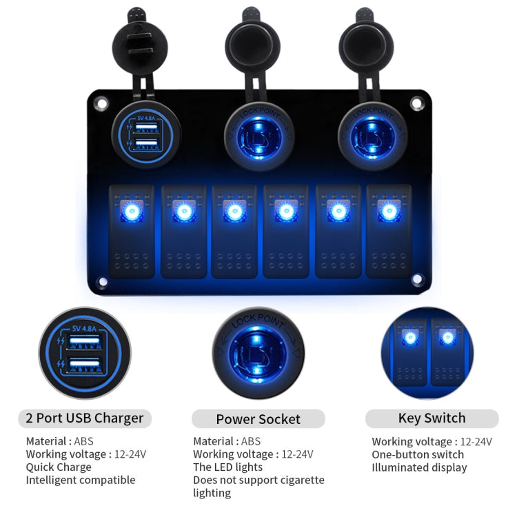 Multi-functional Combination Switch Panel 12V / 24V 6 Way Switches + Dual USB Charger for Car RV Marine Boat (Blue Light) - In Car by buy2fix | Online Shopping UK | buy2fix