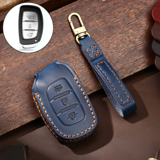 Hallmo Car Cowhide Leather Key Protective Cover Key Case for Hyundai IX35 B Style(Blue) - Car Key Cases by Hallmo | Online Shopping UK | buy2fix