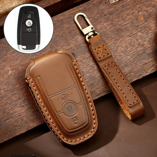 Hallmo Car Cowhide Leather Key Protective Cover Key Case for Ford Focus B Style(Brown) -  by Hallmo | Online Shopping UK | buy2fix