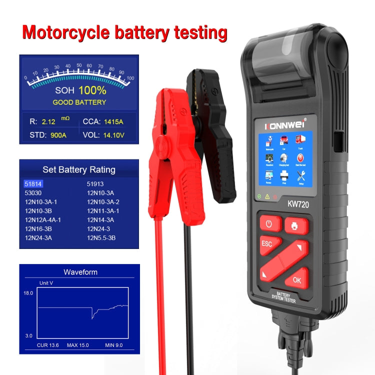 KONNWEI KW720 Car 3.2 inch 6V-24V Lead-acid Battery Tester with Printer - In Car by KONNWEI | Online Shopping UK | buy2fix