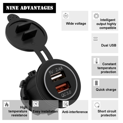 Universal Car QC3.0 Dual Port USB Charger Power Outlet Adapter 5V 2.4A IP66 with 60cm Cable(Green Light) - In Car by buy2fix | Online Shopping UK | buy2fix