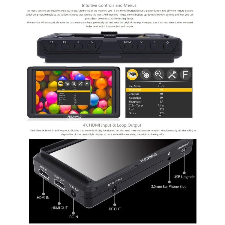 FEELWORLD F6S Full HD 1920x1080 5.0 inch IPS Screen DSLR Camera Field Monitor with Tilt Arm, Support 4K HDTV Input / Output - On-camera Monitors by FEELWORLD | Online Shopping UK | buy2fix