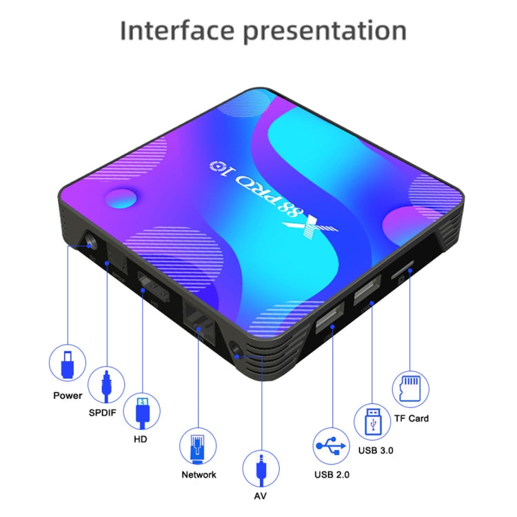 X88 Pro 10 4K Ultra HD Android TV Box with Remote Controller, Android 10.0, RK3318 Quad-Core 64bit Cortex-A53, 4GB+64GB, Support Bluetooth / Dual-Band WiFi / TF Card / USB / AV / Ethernet(EU Plug) - RK3318 by buy2fix | Online Shopping UK | buy2fix