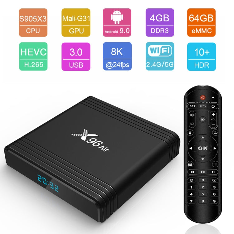 X96 Air 8K Smart TV BOX Android 9.0 Media Player with Remote Control, Quad-core Amlogic S905X3, RAM: 2GB, ROM: 16GB, Dual Band WiFi, UK Plug - Consumer Electronics by buy2fix | Online Shopping UK | buy2fix