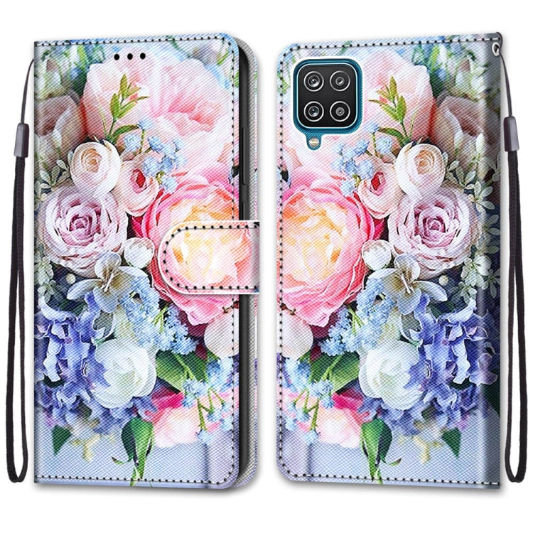 For Samsung Galaxy A12 / M12 Coloured Drawing Cross Texture Horizontal Flip PU Leather Case with Holder & Card Slots & Wallet & Lanyard(Light Pink Bouquet) - Samsung Accessories by buy2fix | Online Shopping UK | buy2fix