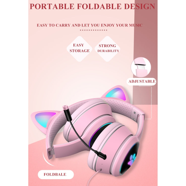 AKZ-022 USB + 3.5mm Port Cat Ear Design Foldable LED Headset with Mic(Pink) - Multimedia Headset by buy2fix | Online Shopping UK | buy2fix