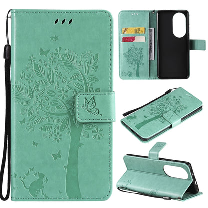 For Huawei P50 Pro Tree & Cat Pattern Pressed Printing Horizontal Flip PU Leather Case with Holder & Card Slots & Wallet & Lanyard(Green) - Huawei Cases by buy2fix | Online Shopping UK | buy2fix