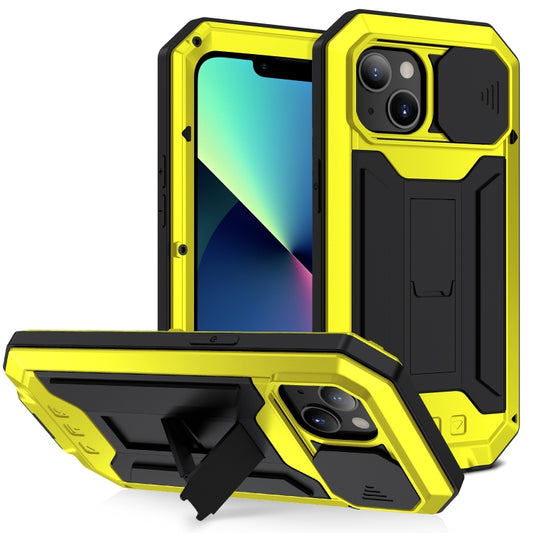 For iPhone 13 mini R-JUST Sliding Camera Shockproof Life Waterproof Dust-proof Metal + Silicone Protective Case with Holder (Yellow) - iPhone 13 mini Cases by R-JUST | Online Shopping UK | buy2fix