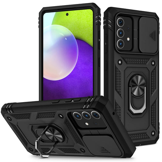 For Samsung Galaxy A52 Sliding Camera Cover Design TPU + PC Protective Case with 360 Degree Rotating Holder & Card Slot(Black+Black) - Samsung Accessories by buy2fix | Online Shopping UK | buy2fix