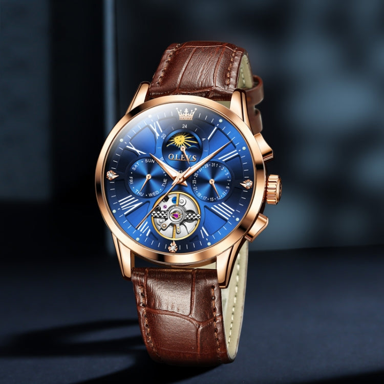 OLEVS 9912 Hollow Flywheel Week Calendar Dial Luminous Mechanical Watch for Men(Rose Gold Shell Blue Surface) - Leather Strap Watches by OLEVS | Online Shopping UK | buy2fix