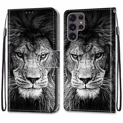 For Samsung Galaxy S22 Ultra 5G Coloured Drawing Cross Texture Horizontal Flip PU Phone Leather Case with Holder & Card Slots & Wallet & Lanyard(Colorful Layer(Black and White Lion Head) - Samsung Accessories by buy2fix | Online Shopping UK | buy2fix