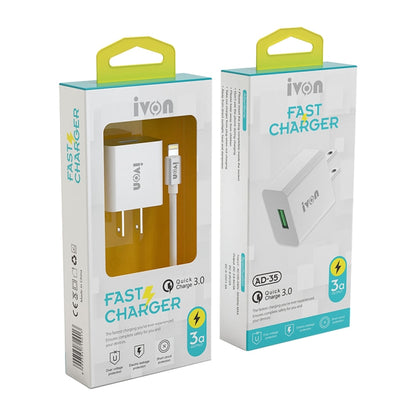 IVON AD-35 2 in 1 18W QC3.0 USB Port Travel Charger + 1m USB to 8 Pin Data Cable Set, US Plug(White) - Apple Accessories by IVON | Online Shopping UK | buy2fix