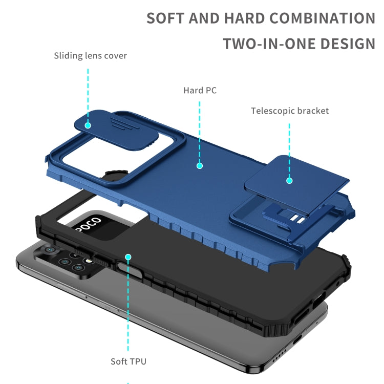 For Xiaomi Poco M4 Pro 4G Stereoscopic Holder Sliding Camshield Phone Case(Blue) - Xiaomi Cases by buy2fix | Online Shopping UK | buy2fix