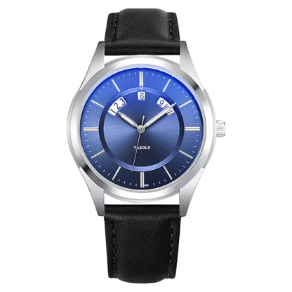 YAZOLE 513 Leather Band Calendar Waterproof Quartz Watch(Blue+Black) - Leather Strap Watches by YAZOLE | Online Shopping UK | buy2fix