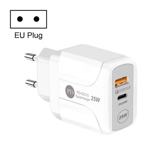 25W PD Type-C + QC3.0 USB Ports Travel Charger, Plug Type:EU Plug(White) - Mobile Accessories by buy2fix | Online Shopping UK | buy2fix