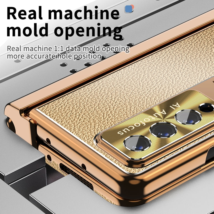 For Samsung Galaxy Z Fold4 Litchi Pattern Magnetic Shell Film Integrated Shockproof Phone Case(Gold) - Galaxy Z Fold4 5G Cases by buy2fix | Online Shopping UK | buy2fix