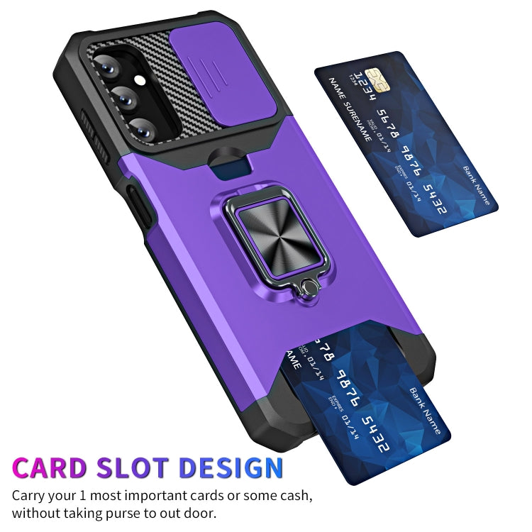 For Samsung Galaxy A14 5G Sliding Camshield Phone Case with Ring Holder & Card Slot(Purple) - Galaxy Phone Cases by buy2fix | Online Shopping UK | buy2fix