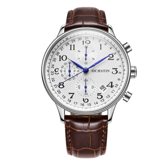 Ochstin 6050C Multifunctional Quartz Men Leather Watch(Silver+Coffee) - Leather Strap Watches by OCHSTIN | Online Shopping UK | buy2fix