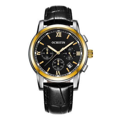 OCHSTIN 6097B Multifunctional Quartz Waterproof Luminous Men Leather Watch(Gold+Black+Black) - Leather Strap Watches by OCHSTIN | Online Shopping UK | buy2fix