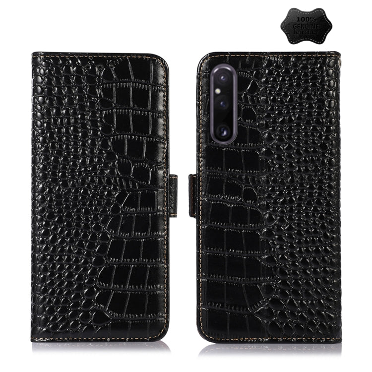 For Sony Xperia 1 V Crocodile Top Layer Cowhide Leather Phone Case(Black) - Sony Cases by buy2fix | Online Shopping UK | buy2fix