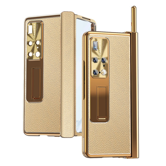 For Huawei Mate X2 Litchi Pattern Magnetic Shell Film Integrated Shockproof Phone Case(Gold) - Huawei Cases by buy2fix | Online Shopping UK | buy2fix