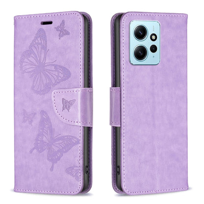 For Xiaomi Redmi Note 12 4G Global Two Butterflies Embossing Leather Phone Case(Purple) - Note 12 Cases by buy2fix | Online Shopping UK | buy2fix