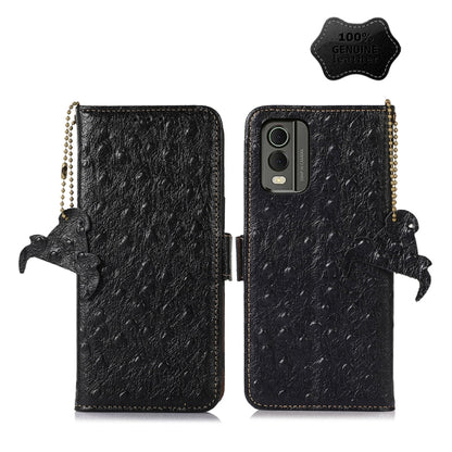 For Nokia C32 4G Ostrich Pattern Genuine Leather RFID Phone Case(Black) - Nokia Cases by buy2fix | Online Shopping UK | buy2fix