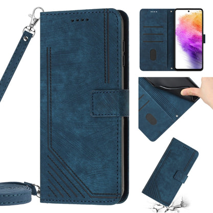 For Samsung Galaxy A04e / F04 Skin Feel Stripe Pattern Leather Phone Case with Lanyard(Blue) - Galaxy Phone Cases by buy2fix | Online Shopping UK | buy2fix