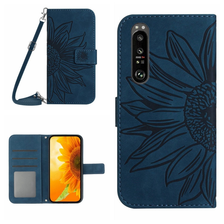 For Sony Xperia 1 V HT04 Skin Feel Sun Flower Embossed Flip Leather Phone Case with Lanyard(Inky Blue) - Sony Cases by buy2fix | Online Shopping UK | buy2fix