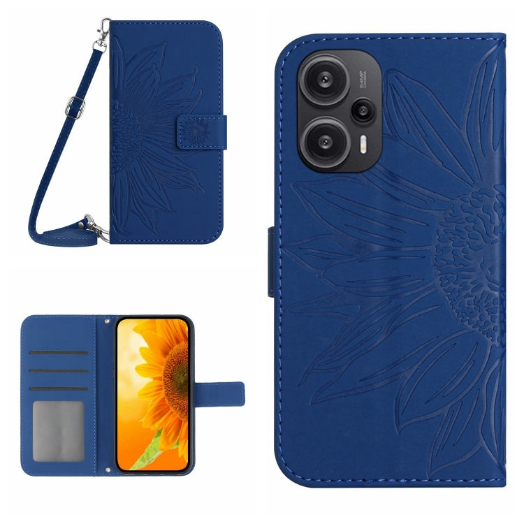 For Xiaomi Poco F5 Skin Feel Sun Flower Embossed Flip Leather Phone Case with Lanyard(Dark Blue) - Xiaomi Cases by buy2fix | Online Shopping UK | buy2fix