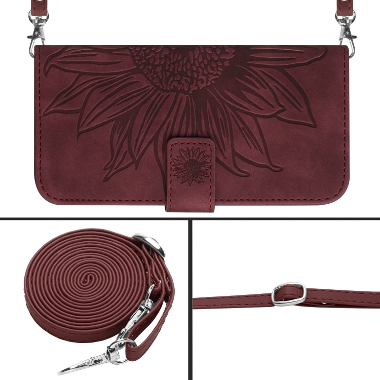 For Xiaomi Redmi 12 4G Global Skin Feel Sun Flower Embossed Flip Leather Phone Case with Lanyard(Wine Red) - Xiaomi Cases by buy2fix | Online Shopping UK | buy2fix