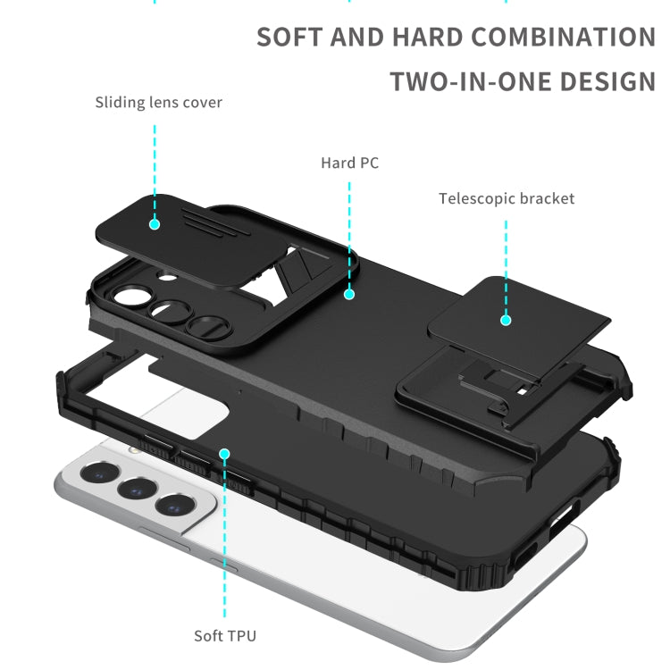 For Samsung Galaxy S22 5G Stereoscopic Holder Sliding Camshield Phone Case(Black) - Galaxy S22 5G Cases by buy2fix | Online Shopping UK | buy2fix