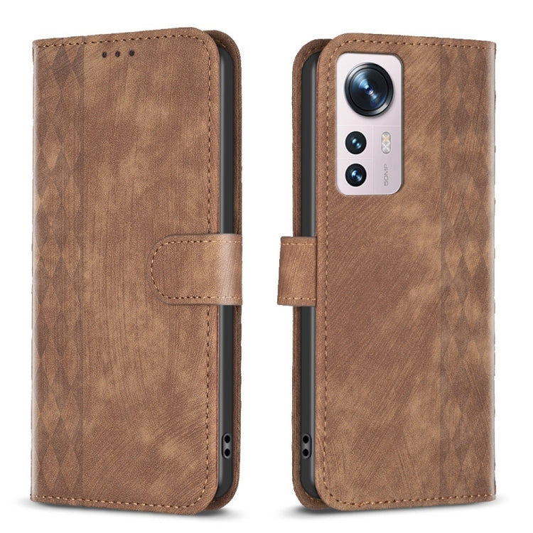 For Xiaomi 12 Plaid Embossed Leather Phone Case(Brown) - 12 Cases by buy2fix | Online Shopping UK | buy2fix