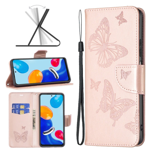 For Xiaomi Redmi Note 12S 4G / Note 11 Two Butterflies Embossing Leather Phone Case(Rose Gold) - Xiaomi Cases by buy2fix | Online Shopping UK | buy2fix