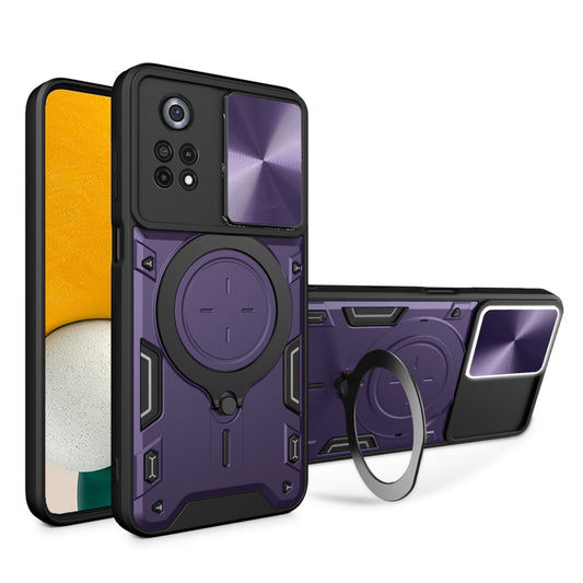 For Xiaomi Poco X4 Pro 5G CD Texture Sliding Camshield Magnetic Holder Phone Case(Purple) - Poco X4 Pro 5G Cases by buy2fix | Online Shopping UK | buy2fix