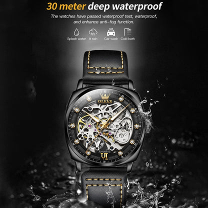 OLEVS 6651 Men Luminous Waterproof Hollow Mechanical Watch(Black) - Leather Strap Watches by OLEVS | Online Shopping UK | buy2fix