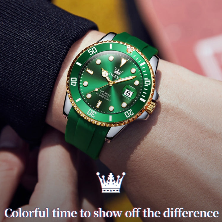 OLEVS 6650 Men Luminous Waterproof Silicone Strap Mechanical Watch(Green + Gold) - Silicone Strap Watches by OLEVS | Online Shopping UK | buy2fix