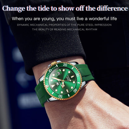 OLEVS 6650 Men Luminous Waterproof Silicone Strap Mechanical Watch(Green + Gold) - Silicone Strap Watches by OLEVS | Online Shopping UK | buy2fix