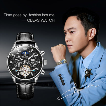 OLEVS 6658 Men Luminous Waterproof Leather Strap Mechanical Watch(Black) - Leather Strap Watches by OLEVS | Online Shopping UK | buy2fix