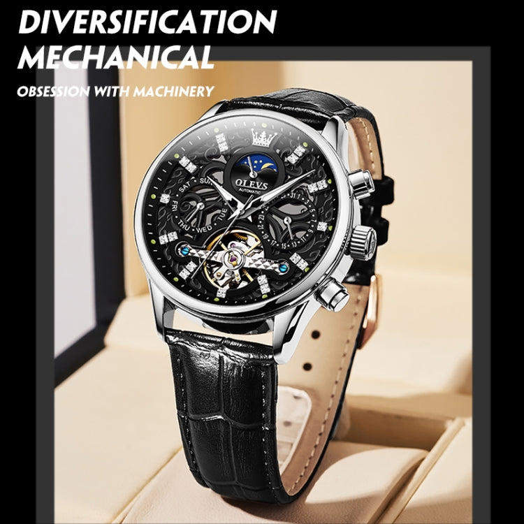 OLEVS 6658 Men Luminous Waterproof Leather Strap Mechanical Watch(Black) - Leather Strap Watches by OLEVS | Online Shopping UK | buy2fix