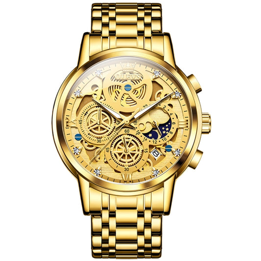 OLEVS 9947 Men Multifunctional Hollow Waterproof Quartz Watch(Gold) - Metal Strap Watches by OLEVS | Online Shopping UK | buy2fix