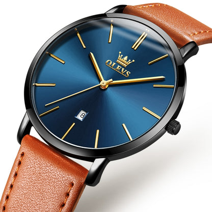 OLEVS 5869 Men Business Waterproof Genuine Leather Strap Quartz Watch(Blue Black Brown) - Leather Strap Watches by OLEVS | Online Shopping UK | buy2fix