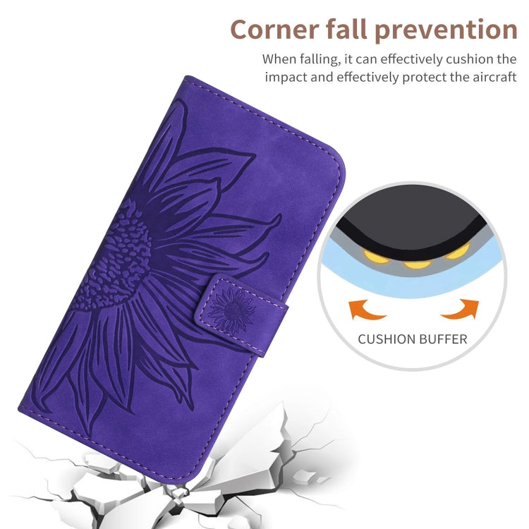 For iPhone 15 Skin Feel Sun Flower Embossed Flip Leather Phone Case with Lanyard(Dark Purple) - iPhone 15 Cases by buy2fix | Online Shopping UK | buy2fix