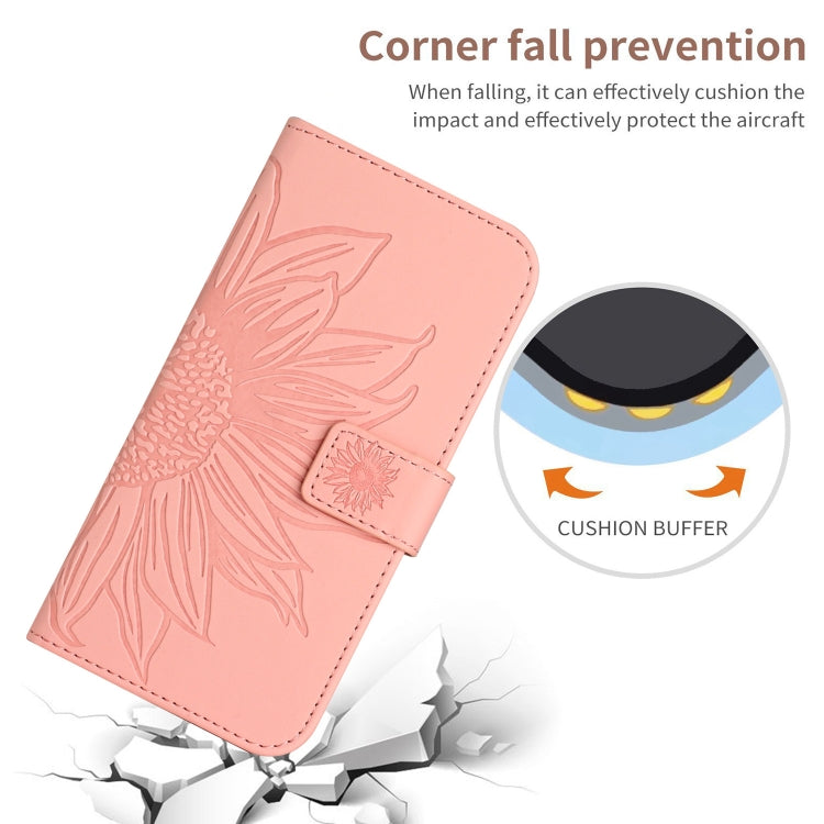 For iPhone 15 Plus Skin Feel Sun Flower Embossed Flip Leather Phone Case with Lanyard(Pink) - iPhone 15 Plus Cases by buy2fix | Online Shopping UK | buy2fix
