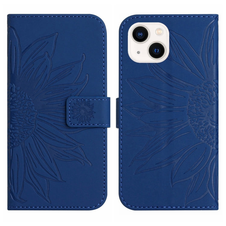 For iPhone 15 Plus Skin Feel Sun Flower Embossed Flip Leather Phone Case with Lanyard(Dark Blue) - iPhone 15 Plus Cases by buy2fix | Online Shopping UK | buy2fix