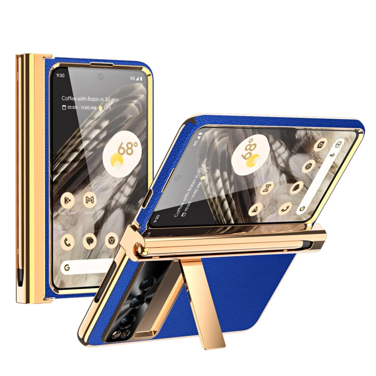 For Google Pixel Fold Litchi Pattern Electroplating Pen Slot Double Hinge Folding Phone Case with Stylus(Royal Blue) - Google Cases by buy2fix | Online Shopping UK | buy2fix