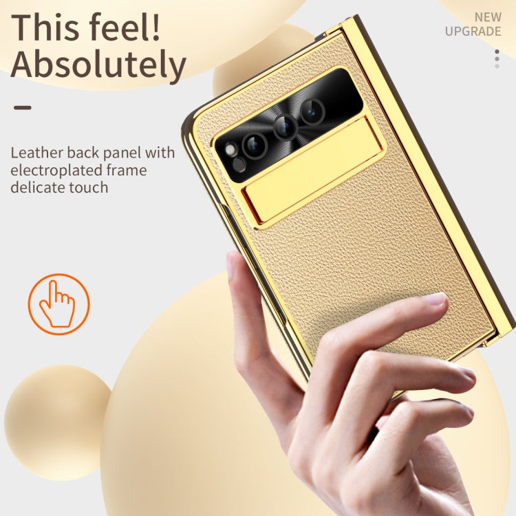 For Google Pixel Fold Litchi Pattern Electroplating Pen Slot Double Hinge Folding Phone Case with Stylus(Gold) - Google Cases by buy2fix | Online Shopping UK | buy2fix