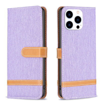 For iPhone 15 Pro Color Block Denim Texture Leather Phone Case(Purple) - iPhone 15 Pro Cases by buy2fix | Online Shopping UK | buy2fix